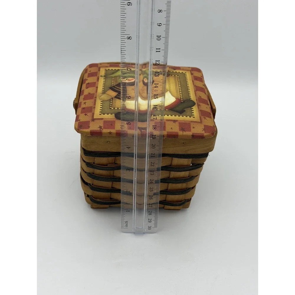 Vintage Winter Magic Holiday Snowman Wooden Square Lidded Handled Basket Brown
